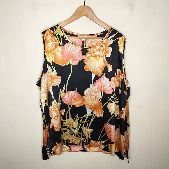 Caroline Rose Floral 100% Silk Top Sleeveless Peach Pink - Picture 1 of 11